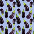 Seamles aubergine pattern Eggplant drawn in a realistic style on a blue background. Vegetables for diet, vegetarian, healthy