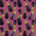 Seamles aubergine pattern Eggplant drawn in a realistic style on a claret background. Vegetables for diet, vegetarian, healthy