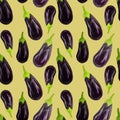 Seamles aubergine pattern Eggplant drawn in a realistic style on a pile yellow background. Vegetables for diet, vegetarian,