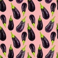 Seamles aubergine pattern Eggplant drawn in a realistic style on a pink isolated background. Vegetables for diet, vegetarian,