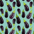 Seamles aubergine pattern Eggplant drawn in a realistic style on a turquoise background. Vegetables for diet, vegetarian, healthy