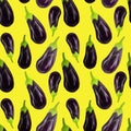 Seamles aubergine pattern Eggplant drawn in a realistic style on a yellow background. Vegetables for diet, vegetarian, healthy