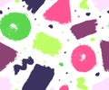 Seamles geometric pattern. Colorful ink spots, stripes. Triangle, circle, square. Vector hand drawn brush texture.