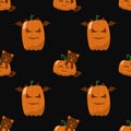 Seamles Halloween pattern with big and small happy orange pumpkins with cat