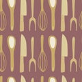 Seamles kitchen tools doodle pattern. Stylized knife, spoon, fork, corolla silhouettes artwork in maroon and ocher tones Royalty Free Stock Photo
