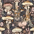 Seamles pattern with amanita mushrooms. Whimsical background with toadstool mushrooms. Ornate wallpaper