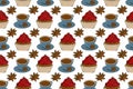 Seamles pattern with coffee cups, spice and cookies. Christmas collection, hand drawing illustration