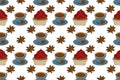 Seamles pattern with coffee cups, spice and cookies. Christmas collection, hand drawing illustration