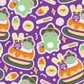 Seamles pattern of cute frog witch hold candy stciker background.Hallooween