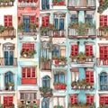 Seamles pattern with cute watercolor cartoon city houses. Intricate colorful background for textile fabric