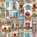 Seamles pattern with cute watercolor cartoon city houses. Intricate colorful texture design for gift wrap Royalty Free Stock Photo