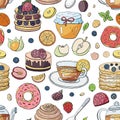 Seamles pattern with different breakfast elements on white background. Hand drawn vector morning collection -tea, coffee, cakes, Royalty Free Stock Photo