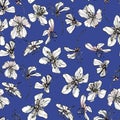 Seamles pattern with japanese sakura, flowers on blue background. Good design for oriental style textile, wallpaper or