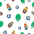 Seamles pattern with Russian Matrioshka, birch and football ball in flat style. Russia symbol with soccer ball Royalty Free Stock Photo