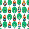 Seamles pattern with Russian Matrioshka, birch and football ball in flat style. Russia symbol with soccer ball