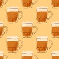 Seamles pattern with stylized illustration mugs of beer on yellow background