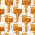 Seamles pattern with stylized illustration mugs of beer yellow color background