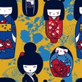 Seamles pattern with traditional japanese dolls - kokeshi and sakura flowers