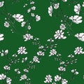 Seamles pattern of tree branch with white flowers and leaves, graphic hand drawn, blossom tree  on green background. Simple pencil Royalty Free Stock Photo