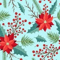 Seamles pattern with winter evergreen plants