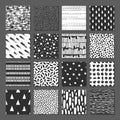 Set of 16 seamless pattern. Drops, points, lines, stripes, circles, squares, rectangles.