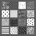 Set of 16 seamless pattern. Drops, points, lines, stripes, circles, squares, rectangles. Royalty Free Stock Photo