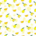 Yellow fruits, manggo, orange and lemon fruits illustration on white background. fresh fruit. seamless pattern, hand drawn vector.