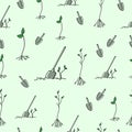 Gardening icon. seamless pattern, hand drawn vector. shovel with plant and sprout illustration on green background. doodle art for Royalty Free Stock Photo
