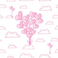 Shape of heart balloons in the sky with cloud illustration on white background. pink color. romantic and cute. valentine`s day bac Royalty Free Stock Photo