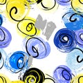 Seamless abstract background pattern, with circles, swirls, stripes, paint strokes and splashes