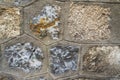 Seamless abstract background. Textured rock wall with various sizes of stones covered by the lichen. The texture of the limestone Royalty Free Stock Photo