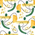 Seamless abstract Christmas pattern hand drawn watercolor brush stroke green, golden, yellow shape color, line doodle elements. Royalty Free Stock Photo