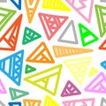 Seamless abstract colorful pattern on white background. Vector doodle image. Graphic triangles  ornament. Royalty Free Stock Photo