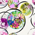 Seamless abstract floral background pattern, with circles, flowers, leaves, strokes and splashes