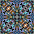 Seamless abstract floral pattern. Colorful black, white, blue, and orange mandala tiles. Decorative vector illustration. Royalty Free Stock Photo