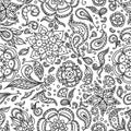 Seamless abstract floral pattern with flowers, petals, leaves, seeds, plants in black white for coloring page