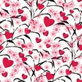 Seamless abstract floral pattern with red hearts , white background,