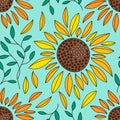 Seamless abstract floral pattern with yellow orange Sunflowers and leaves outlined on blue background. Vintage retro Royalty Free Stock Photo