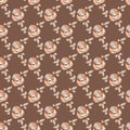 Seamless abstract floral print of orange-beige roses-curls, white stripes, leaves, brown background