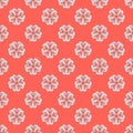 Seamless abstract flower pattern with dull pink petals and white stripes, bright orange dawn color background