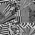 Seamless abstract geometric background pattern, with triangles, lines, paint strokes and splashes, black and white Royalty Free Stock Photo