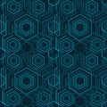 Seamless abstract geometric pattern featuring hexagonal shapes in blue tones on a dark background, ideal for digital Royalty Free Stock Photo