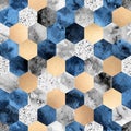 Seamless abstract geometric pattern with gold foil, gray marble and deep blue watercolor hexagons Royalty Free Stock Photo