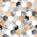 Seamless abstract geometric pattern with gold foil, gray marble and watercolor hexagons