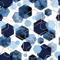 Seamless abstract geometric pattern with gold foil outline and deep blue watercolor hexagons Royalty Free Stock Photo