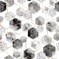 Seamless abstract geometric pattern with gold foil outline and gray watercolor hexagons Royalty Free Stock Photo