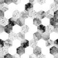 Seamless abstract geometric pattern with gray watercolor hexagons