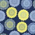 Seamless abstract hand-drawn oriental doddle pattern, yellow, and blue color