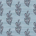 Seamless abstract hand drawn pattern with grey oriantal cucumber paisley print. Blue striped background