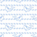 Seamless abstract marine pattern. Blue outline orca whale and blue line waves on white background. Killer whale in ocean, animal Royalty Free Stock Photo